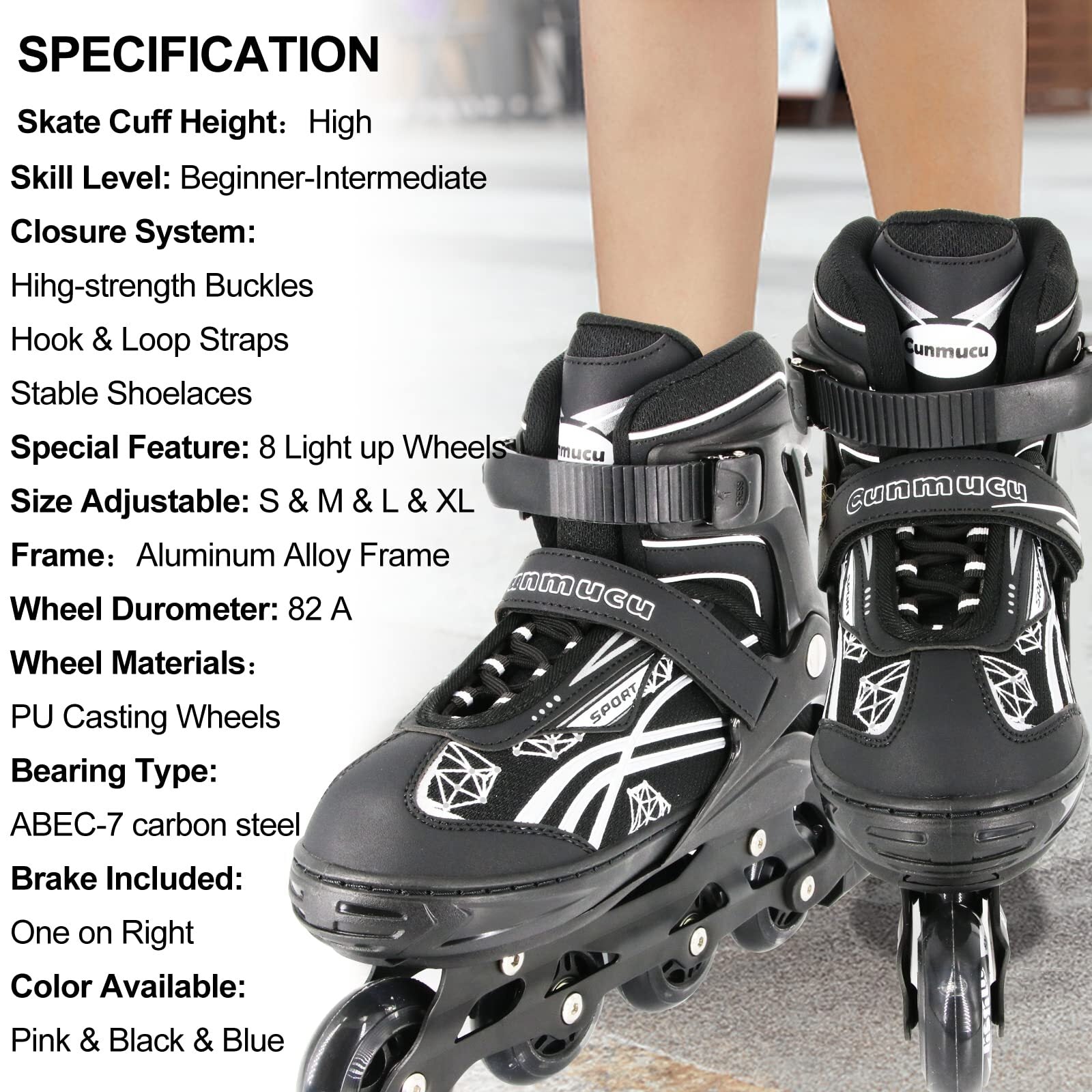 Cunmucu Adjustable Roller Blades Skates for Girls Boys Kids with All