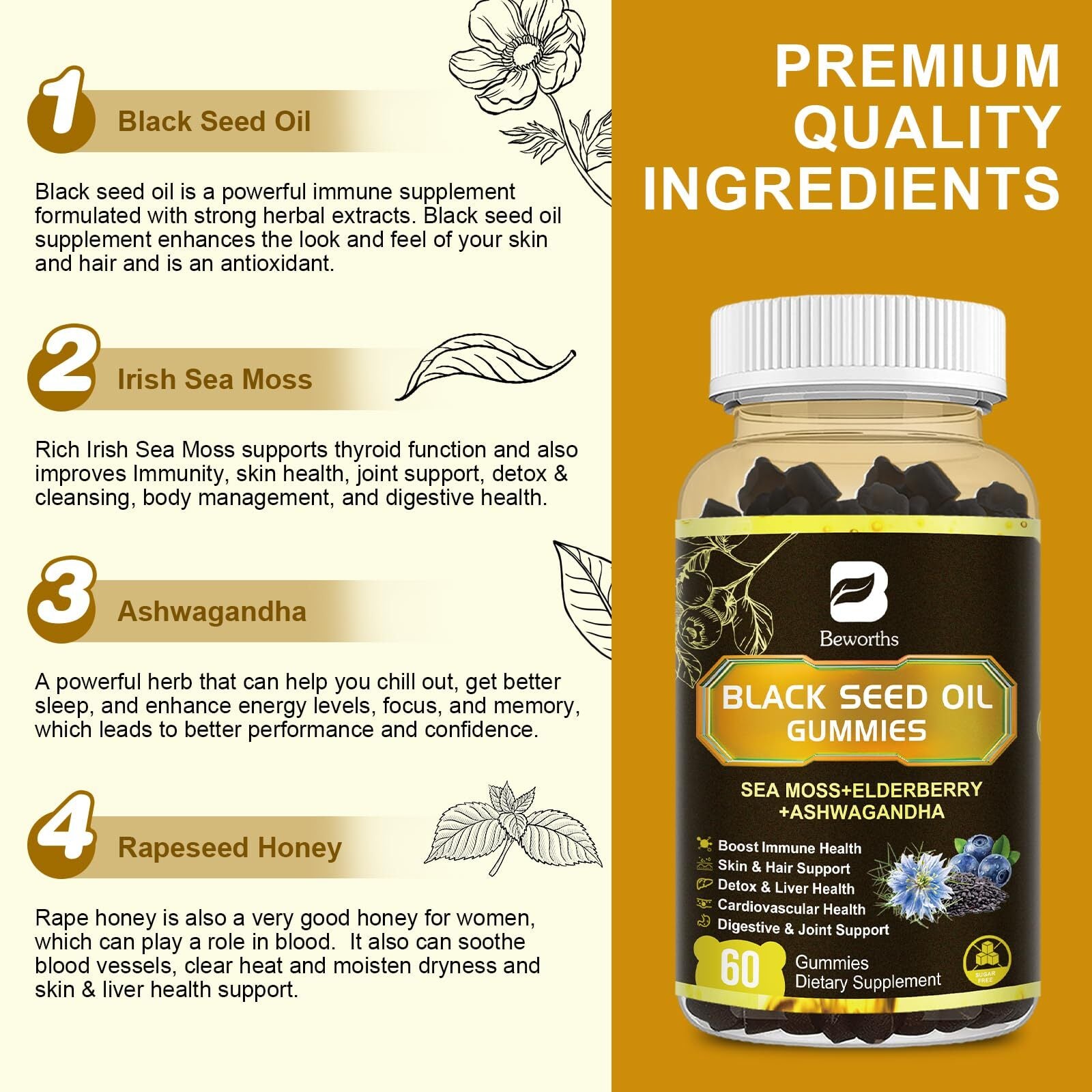 B BEWORTHS Black Seed Oil & Sea Moss Gummies, Organic Irish Sea Moss Gummies
