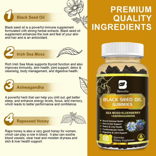 B BEWORTHS Black Seed Oil & Sea Moss Gummies, Organic Irish Sea Moss Gummies
