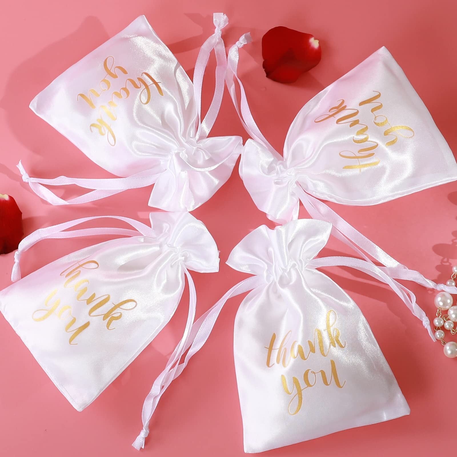 BeiLaad Thank You Satin Gift Bags with Drawstring, 4x6 Elegant Party Favors for