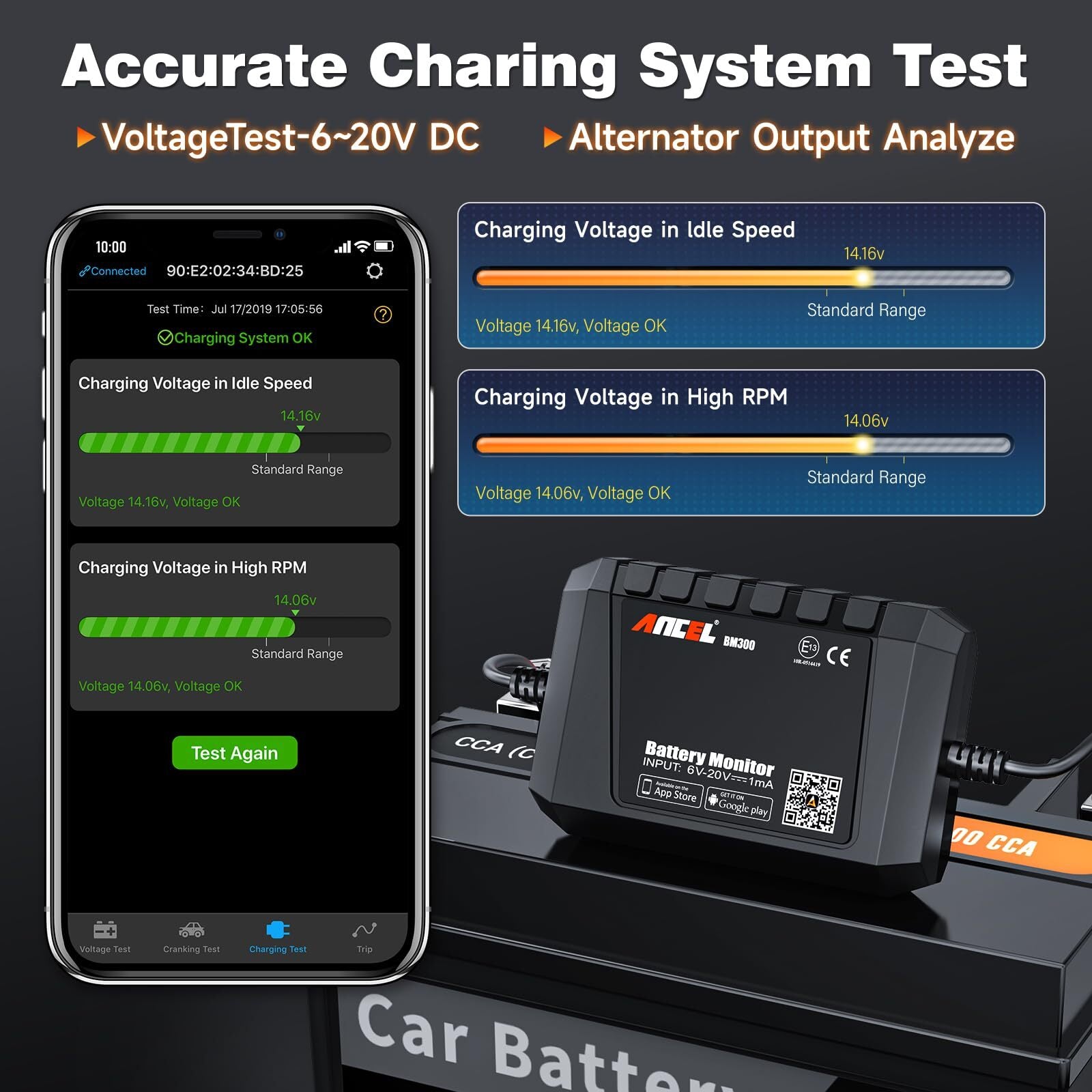 ANCEL BM300 12V Battery Monitor - Bluetooth 4.0 Automotive Voltmeter with Cha...