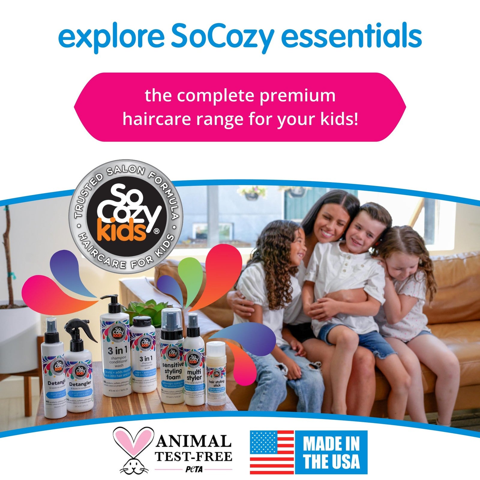 SoCozy 3 in 1 Kids Shampoo + Conditioner + Body Wash (16 Fl Oz) Gentle,