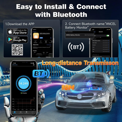 ANCEL BM300 12V Battery Monitor - Bluetooth 4.0 Automotive Voltmeter with Cha...