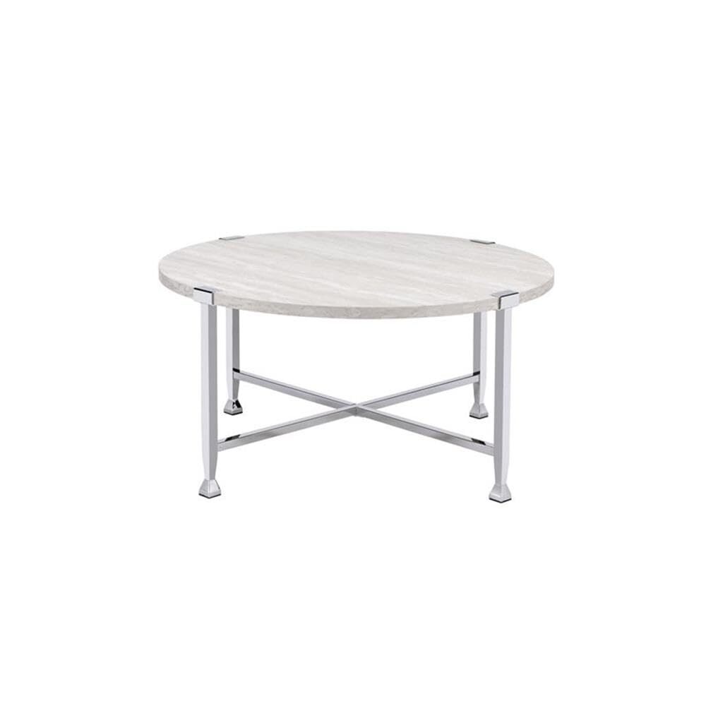 Acme Brecon Round Wooden Top Coffee Table in White Oak and Chrome