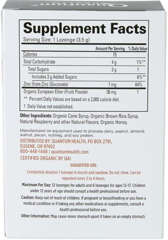 Quantum Health TheraZinc USDA Organic Zinc Lozenges, Eldertry Raspberry, Immune