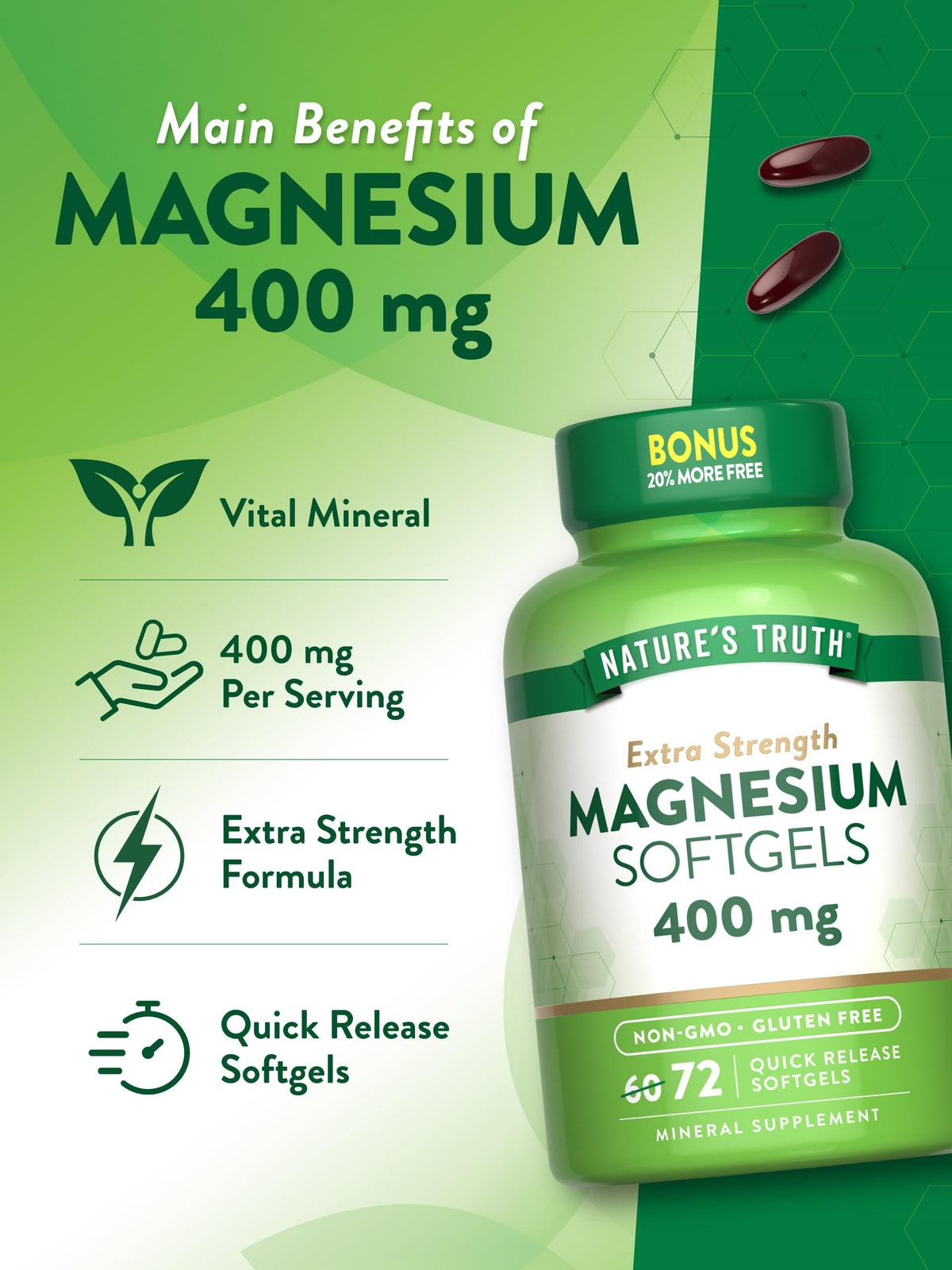 Nature's Truth Magnesium | 400mg | 72 Softgels | Value Size | Extra Strength |