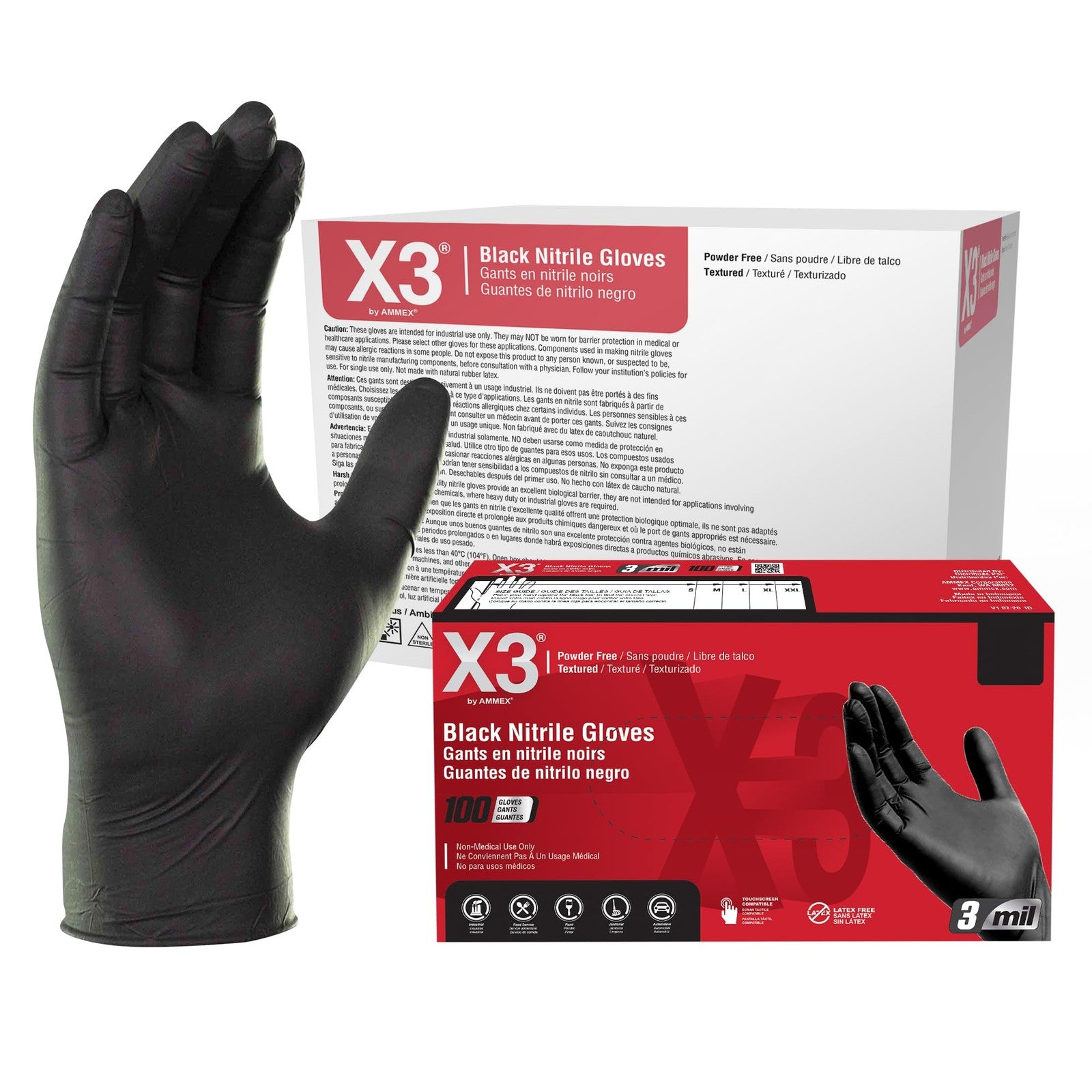 X3 Industrial Black Nitrile Gloves, Case of 1000, 3 Mil, Size XX-Large, Latex
