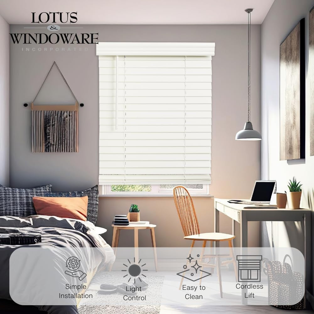 LOTUS & WINDOWARE Cordless 2-inchFaux Wood Blind 28" Wide x 36" Long,(Soft