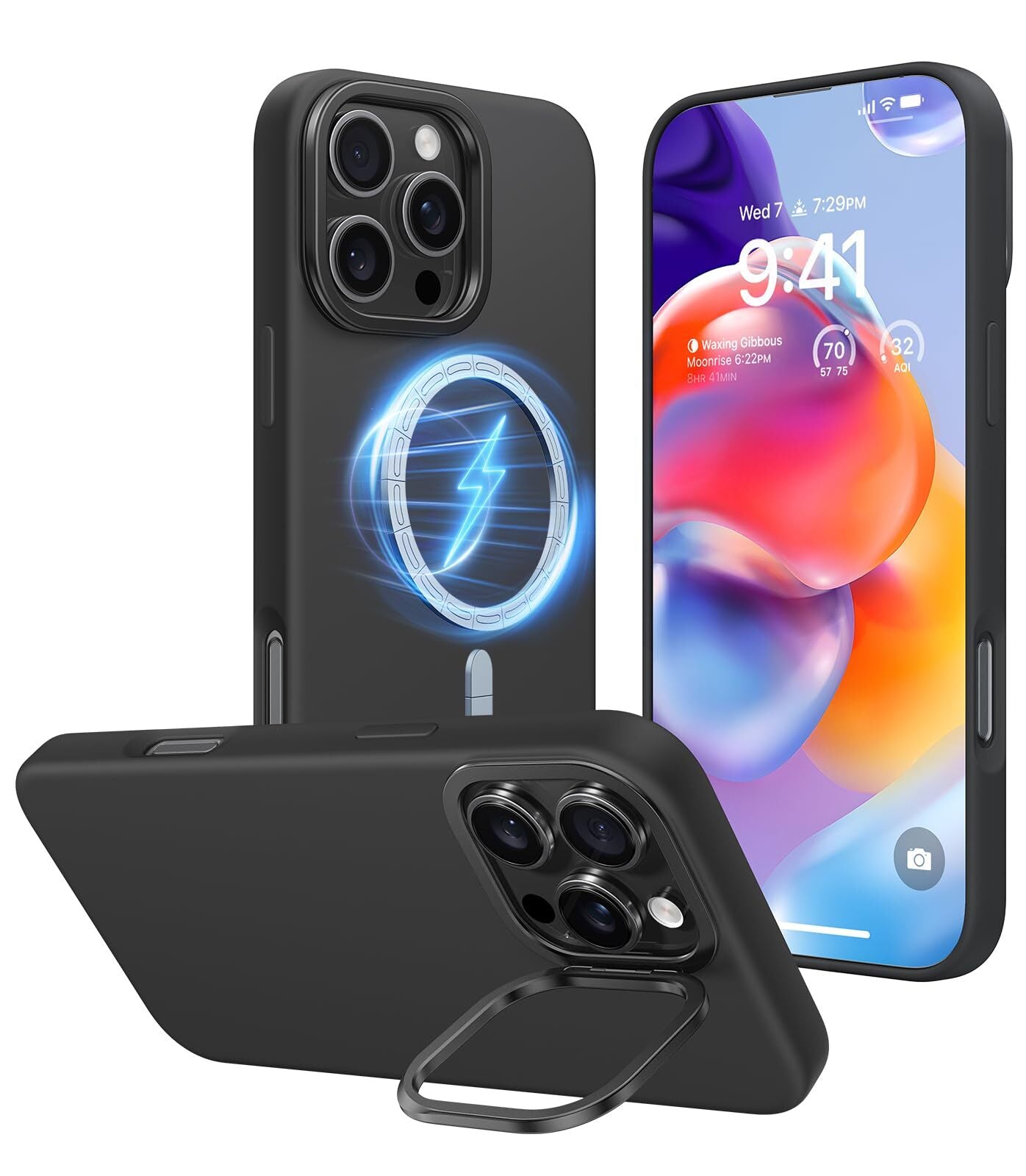 TORRAS Compatible with iPhone 16 Pro Case, Liquid Silicone Case with Stand,