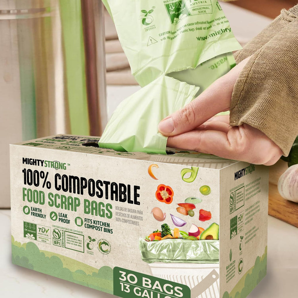 13 Gallon Compost Bags With Handles - 30 Count Biodegradable Trash Bags,