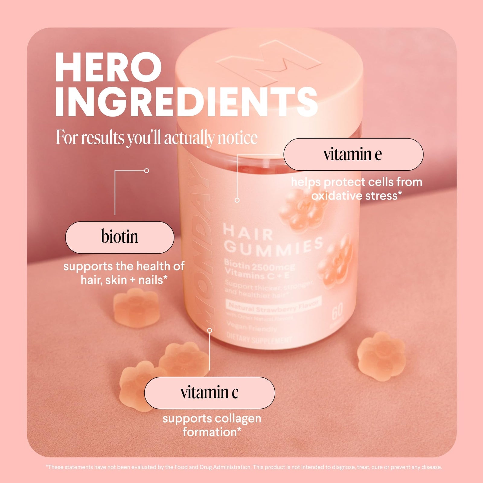 MONDAY HAIRCARE Hair Gummies for Thicker and Stronger Hair (60 Count) Strawberry