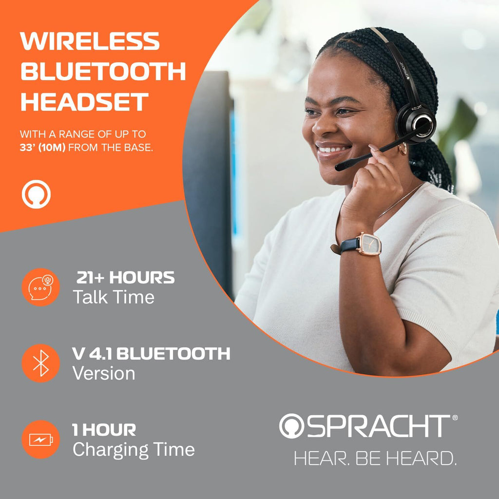 Spracht HS-2050 Single Ear Wireless Bluetooth Headset with Base Station | Noise