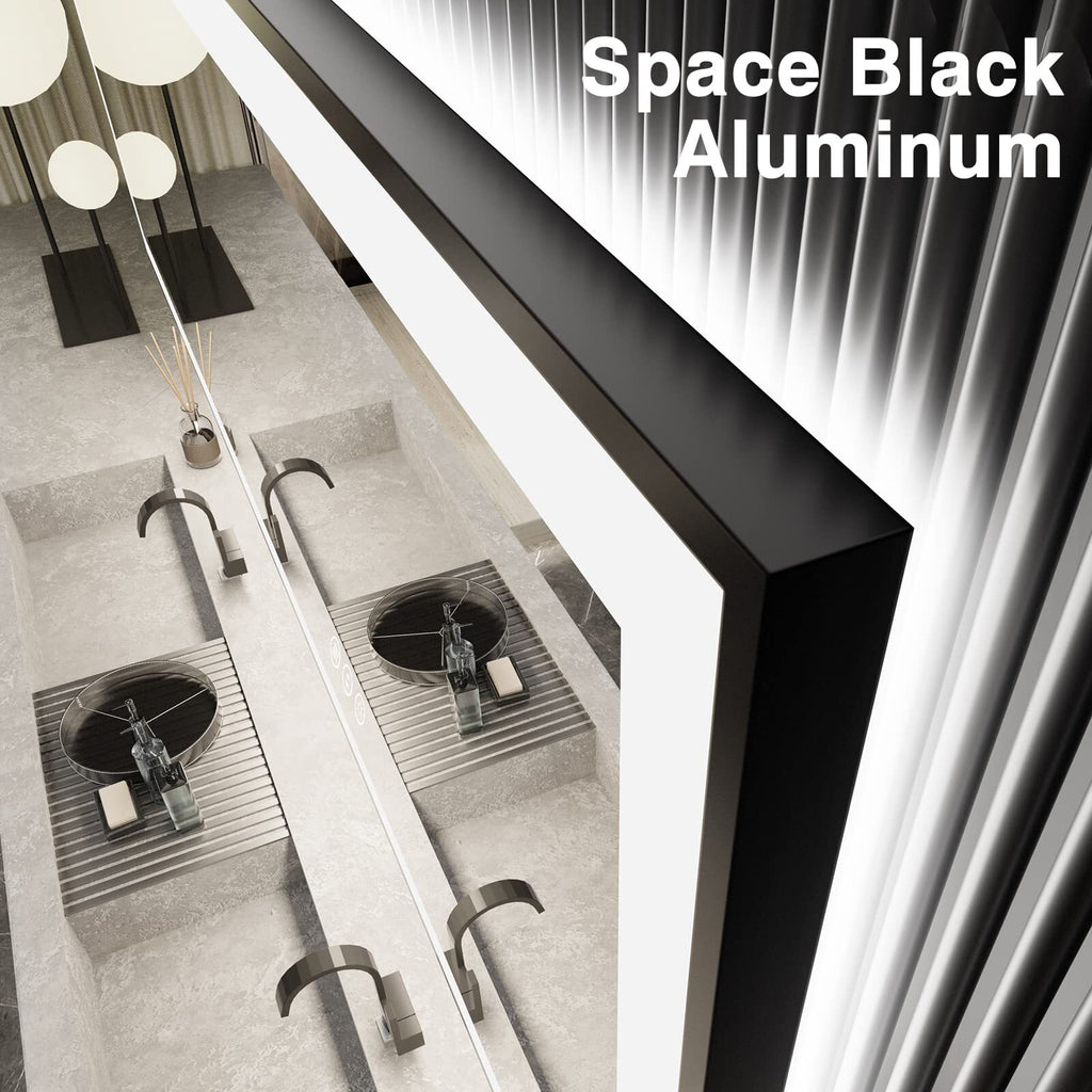 EchosLife 28x36 LED Bathroom Mirror for Wall -Black Aluminum Framed (Front and