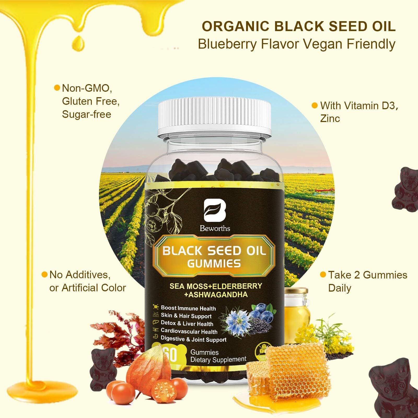 B BEWORTHS Black Seed Oil & Sea Moss Gummies, Organic Irish Sea Moss Gummies