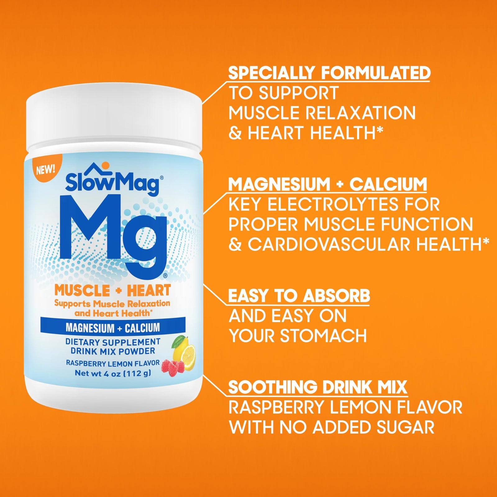 SlowMag® Magnesium Powder, Magnesium + Calcium Supplement Drink Mix, Raspberry