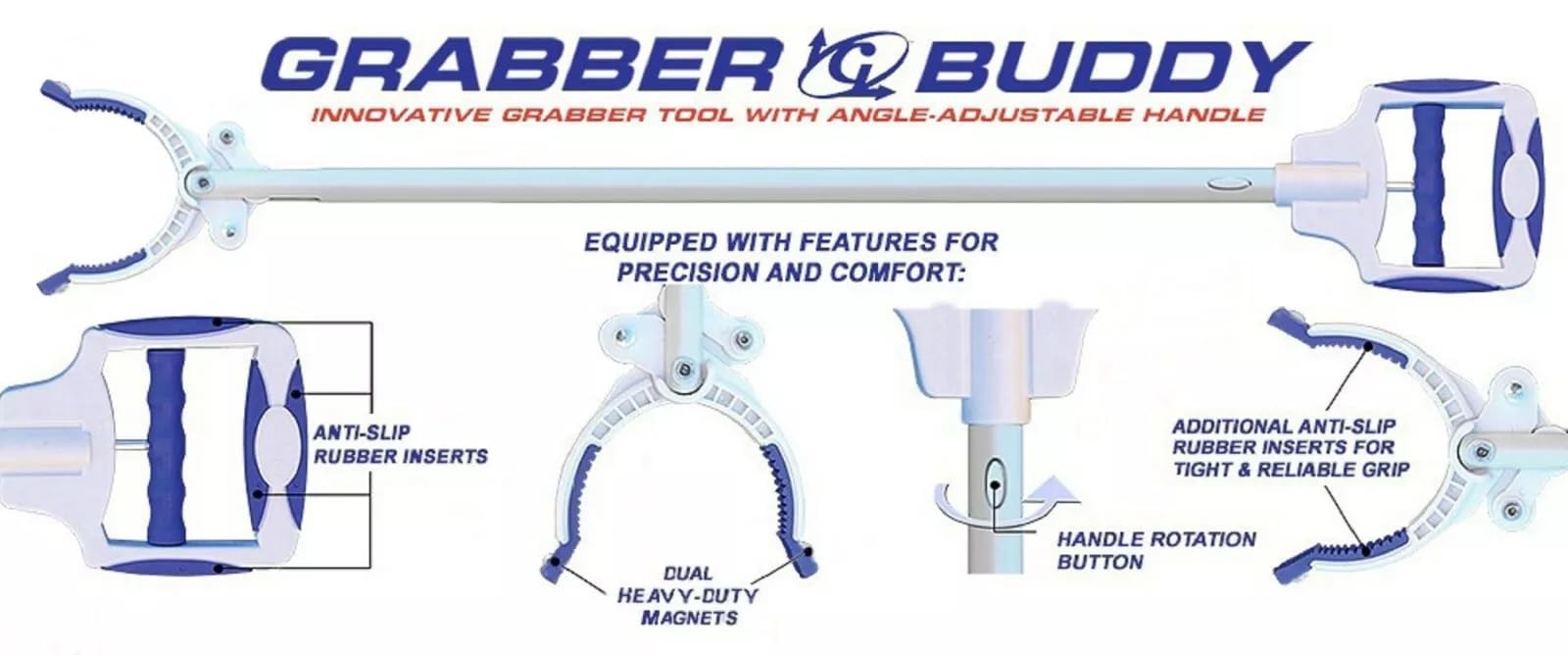 Grabber Buddy Reacher Pick Up Tool with Dual Powerful Magnets, Angle-Adjustable