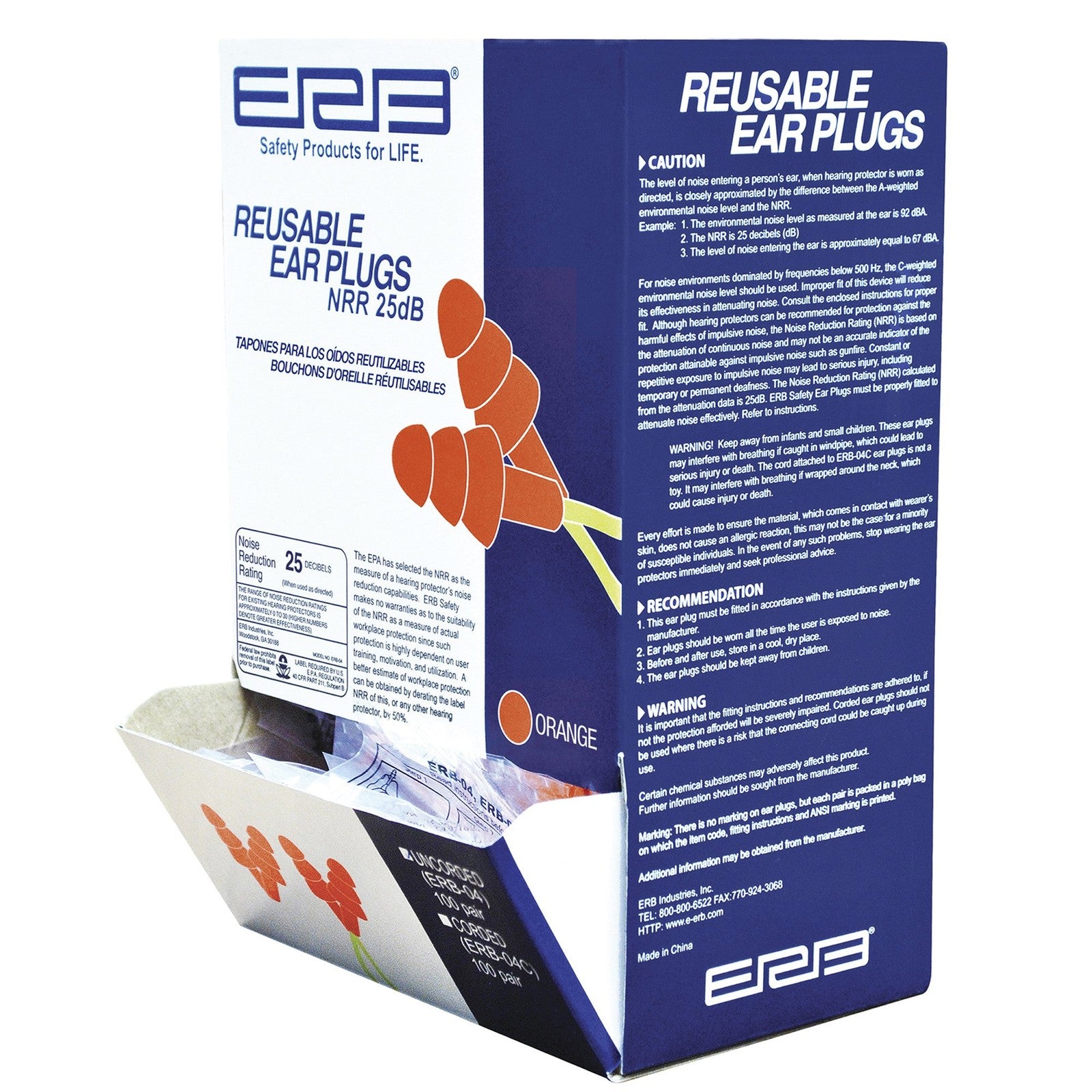 ERB 14388 Disposable Safety 04C Reusable Corded Ear Plugs, One Size, Orange