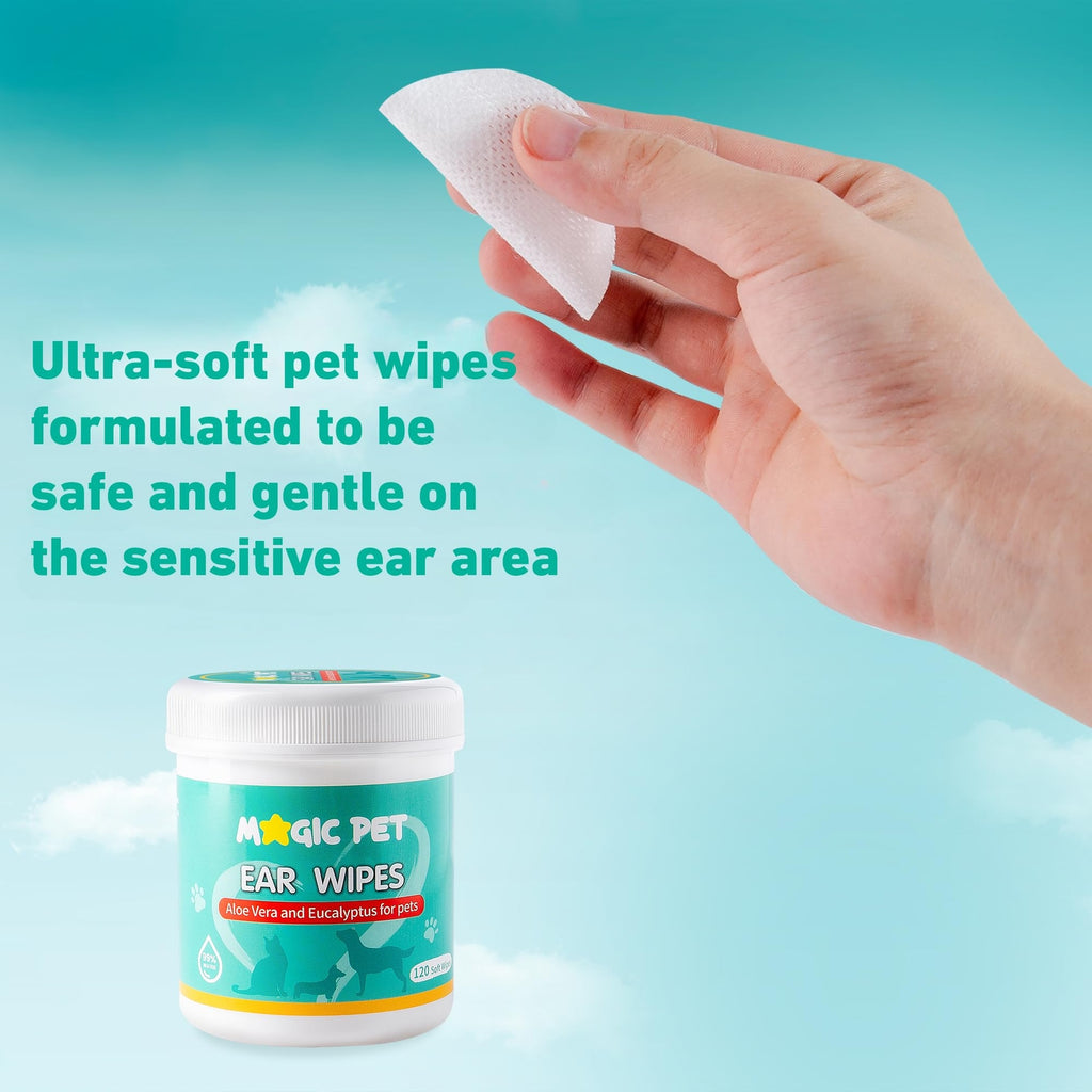 Magic Pet - Dog Ear Cleaner Wipes — 120 Grooming Wipes W/Aloe Vera & Eucalyptus