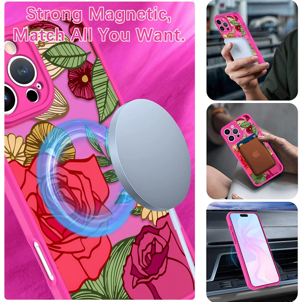 Wlxee Magnetic for iPhone 15 Pro Max Case Hot Pink Flower Floral Pattern
