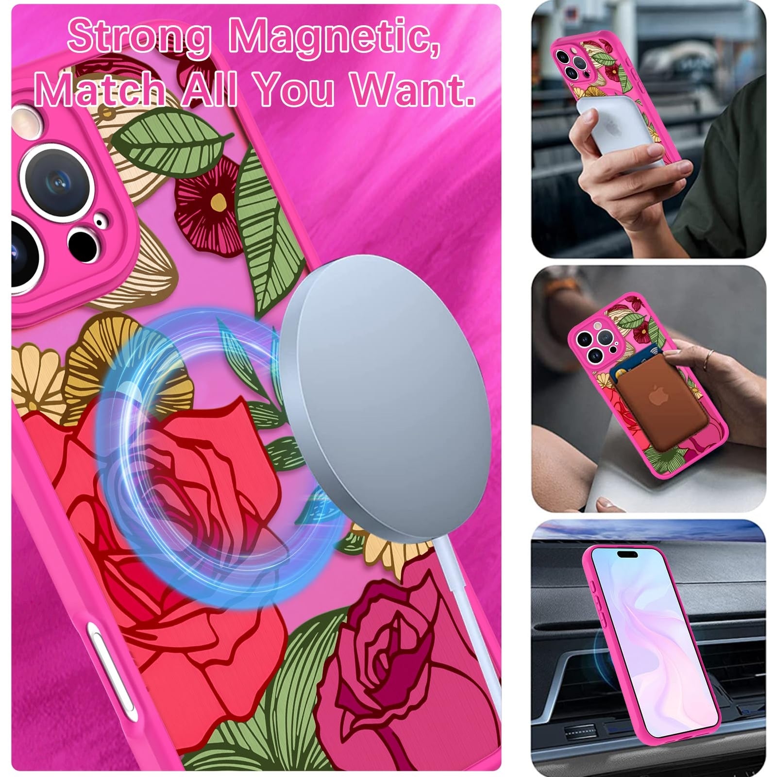 Wlxee Magnetic for iPhone 15 Pro Max Case Hot Pink Flower Floral Pattern