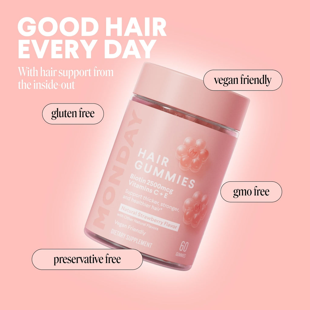 MONDAY HAIRCARE Hair Gummies for Thicker and Stronger Hair (60 Count) Strawberry