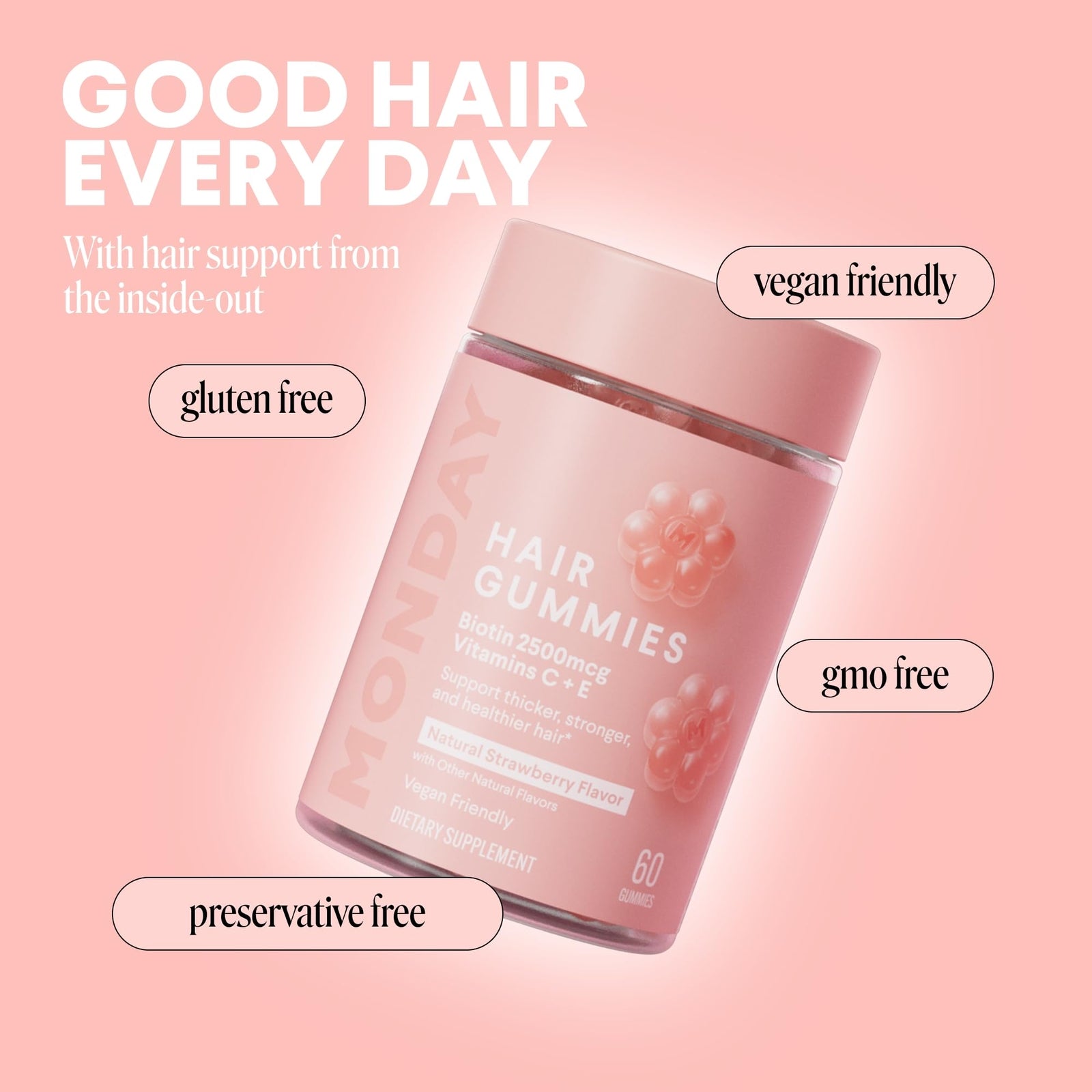 MONDAY HAIRCARE Hair Gummies for Thicker and Stronger Hair (60 Count) Strawberry