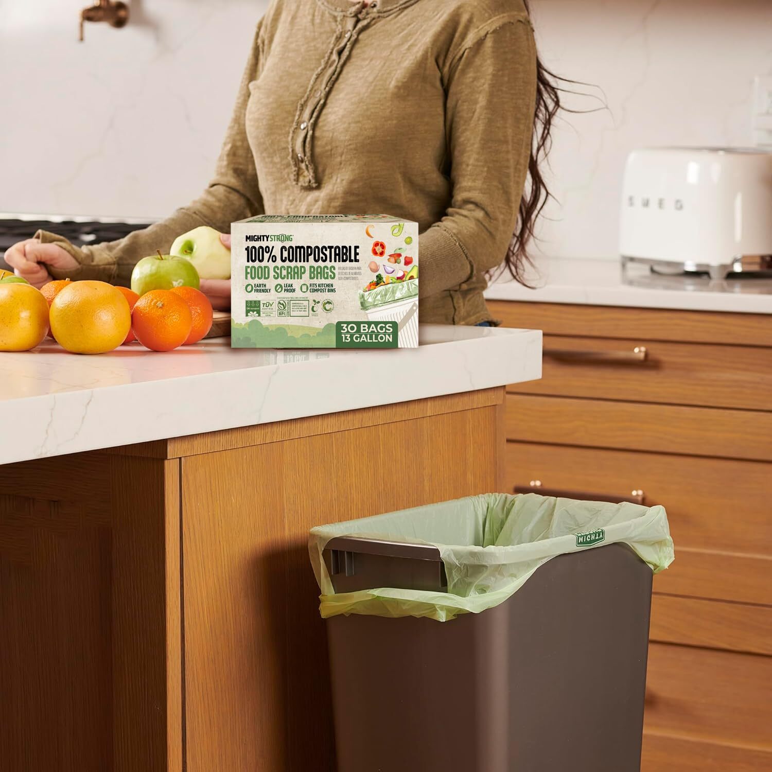 13 Gallon Compost Bags With Handles - 30 Count Biodegradable Trash Bags,