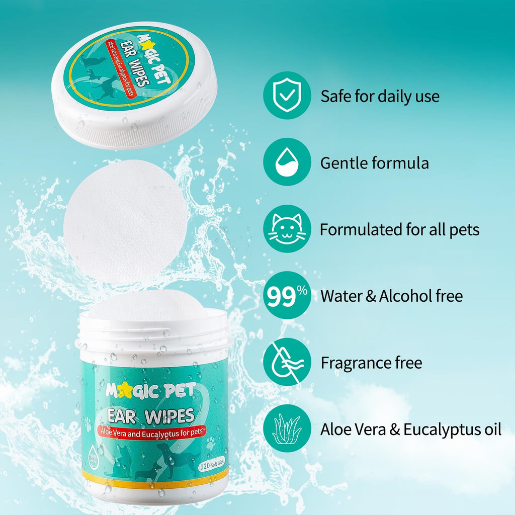 Magic Pet - Dog Ear Cleaner Wipes — 120 Grooming Wipes W/Aloe Vera & Eucalyptus