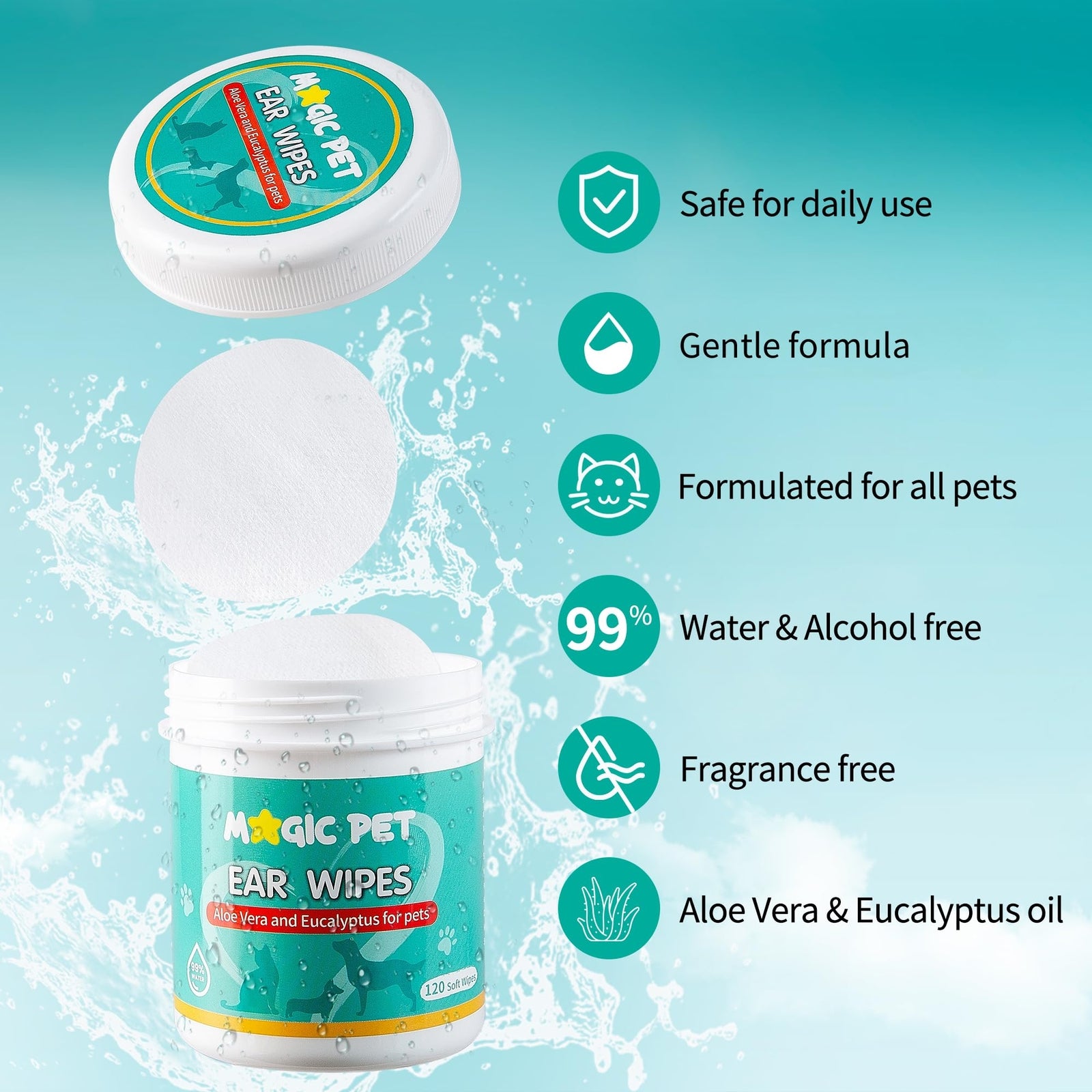 Magic Pet - Dog Ear Cleaner Wipes — 120 Grooming Wipes W/Aloe Vera & Eucalyptus