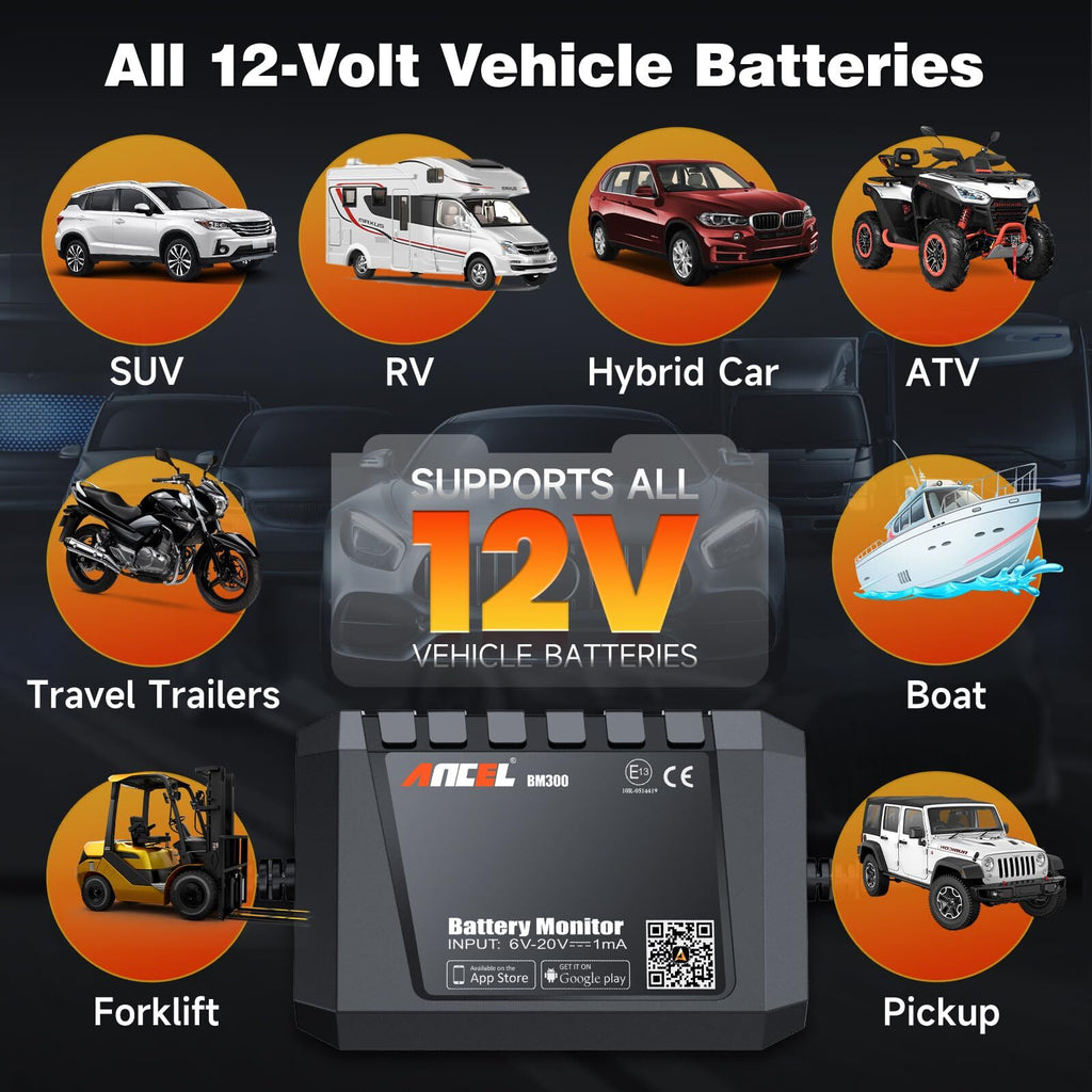 ANCEL BM300 12V Battery Monitor - Bluetooth 4.0 Automotive Voltmeter with Cha...