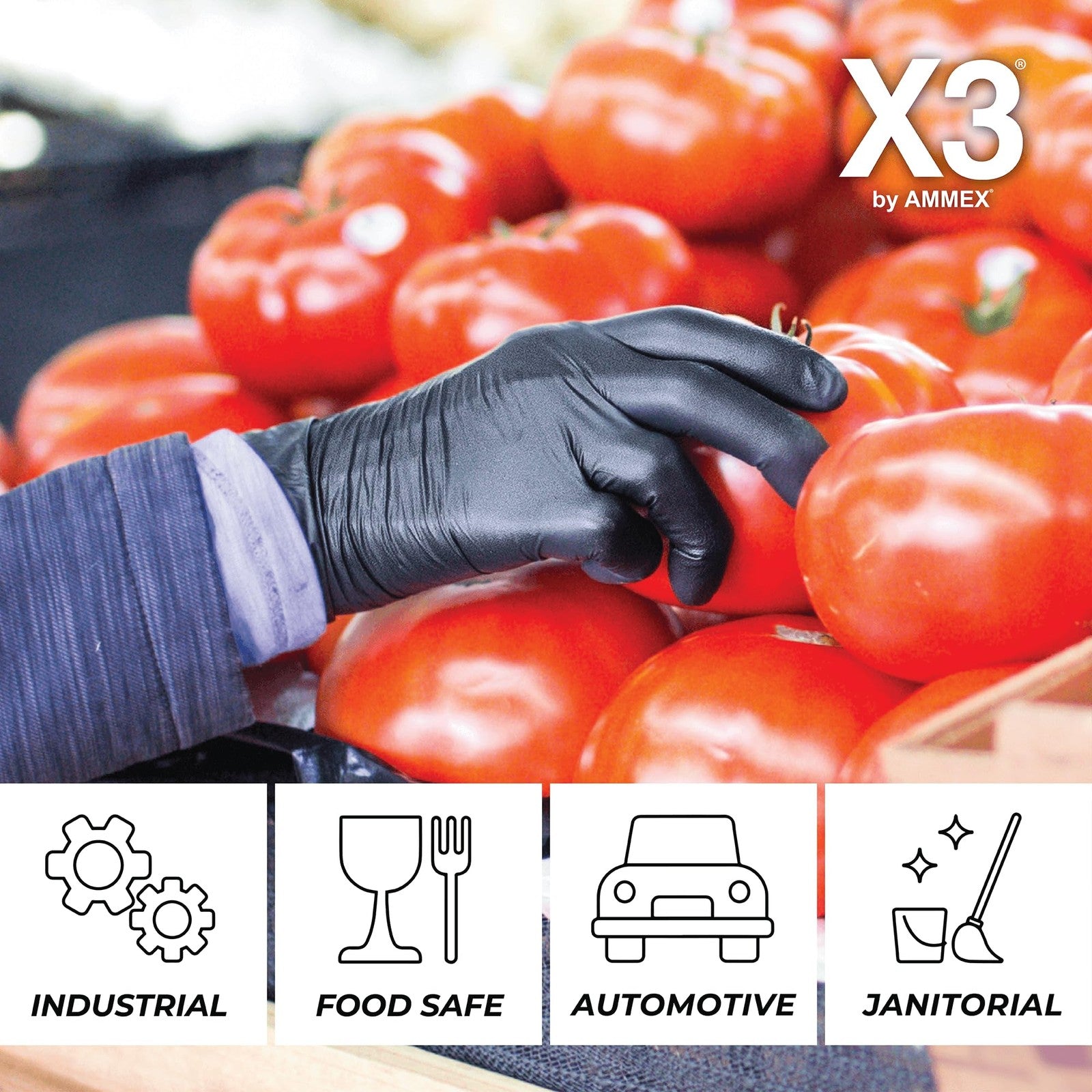 X3 Industrial Black Nitrile Gloves, Case of 1000, 3 Mil, Size XX-Large, Latex