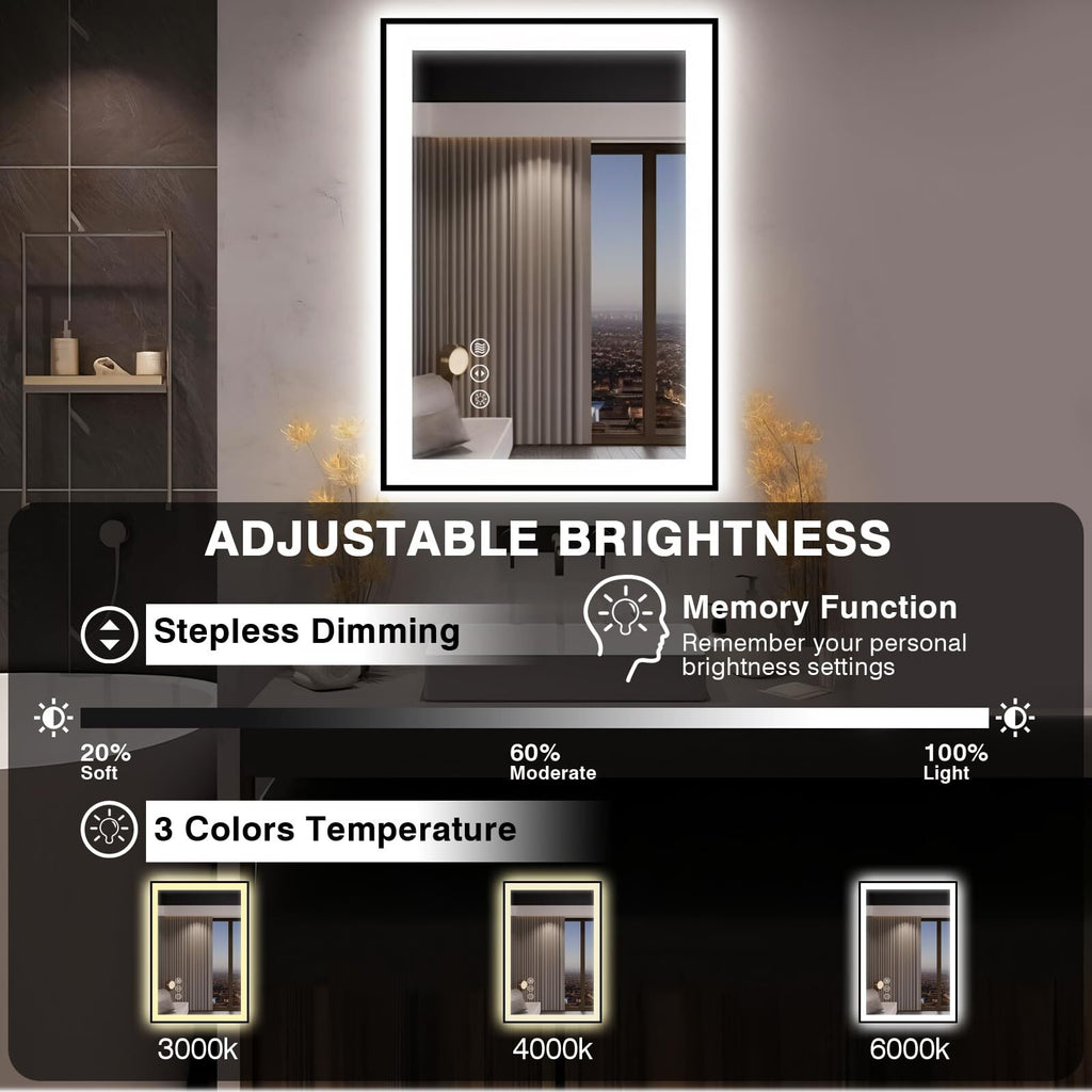 EchosLife 28x36 LED Bathroom Mirror for Wall -Black Aluminum Framed (Front and