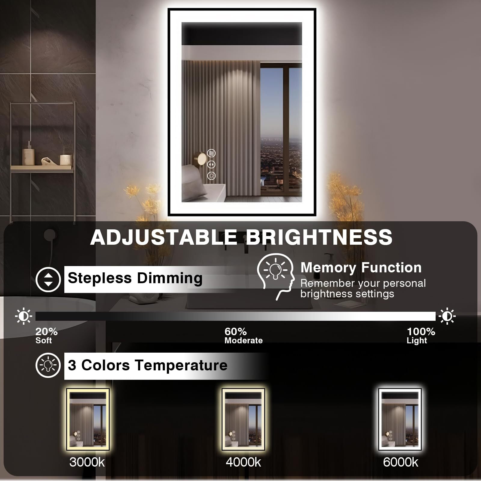 EchosLife 28x36 LED Bathroom Mirror for Wall -Black Aluminum Framed (Front and