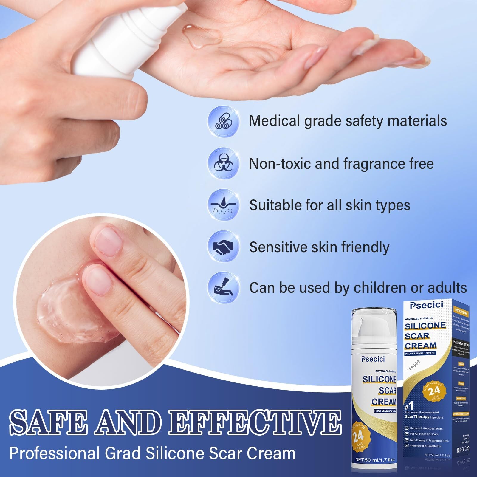 Psecici Scar Cream,Silicone Scar Gel,Advanced Scar Gel,Scar Removal Cream For
