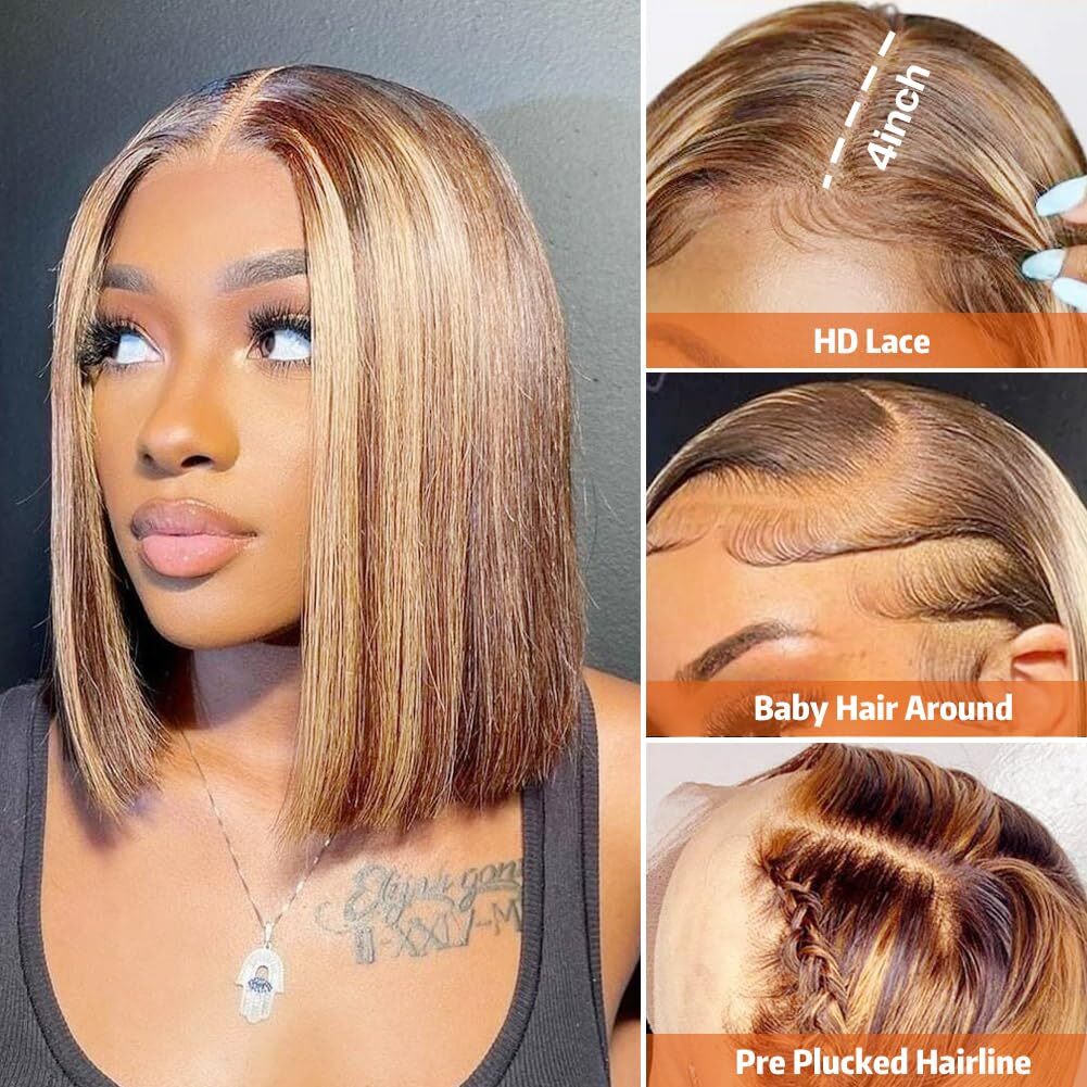 Highlight Bob Wig Human Hair 13x4 HD Lace Front Wigs Human Hair Pre Plucked H...