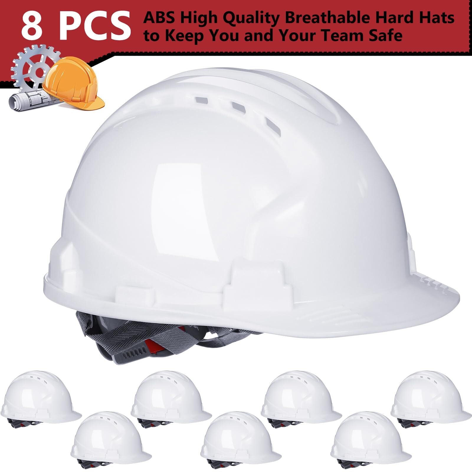 Leumoi 8 Pieces 4 Pt. Suspension Hard Hat Bulk Safety Helmets Adjustable Ratchet