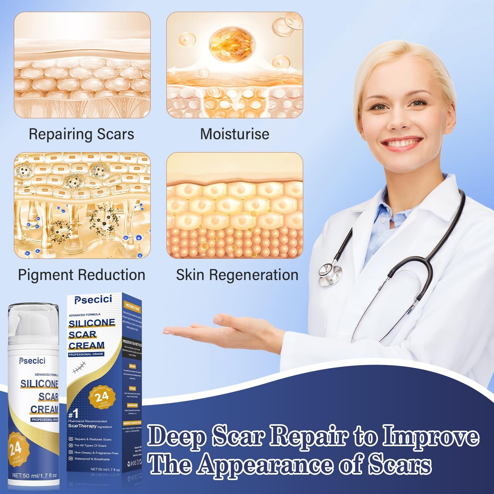 Psecici Scar Cream,Silicone Scar Gel,Advanced Scar Gel,Scar Removal Cream For