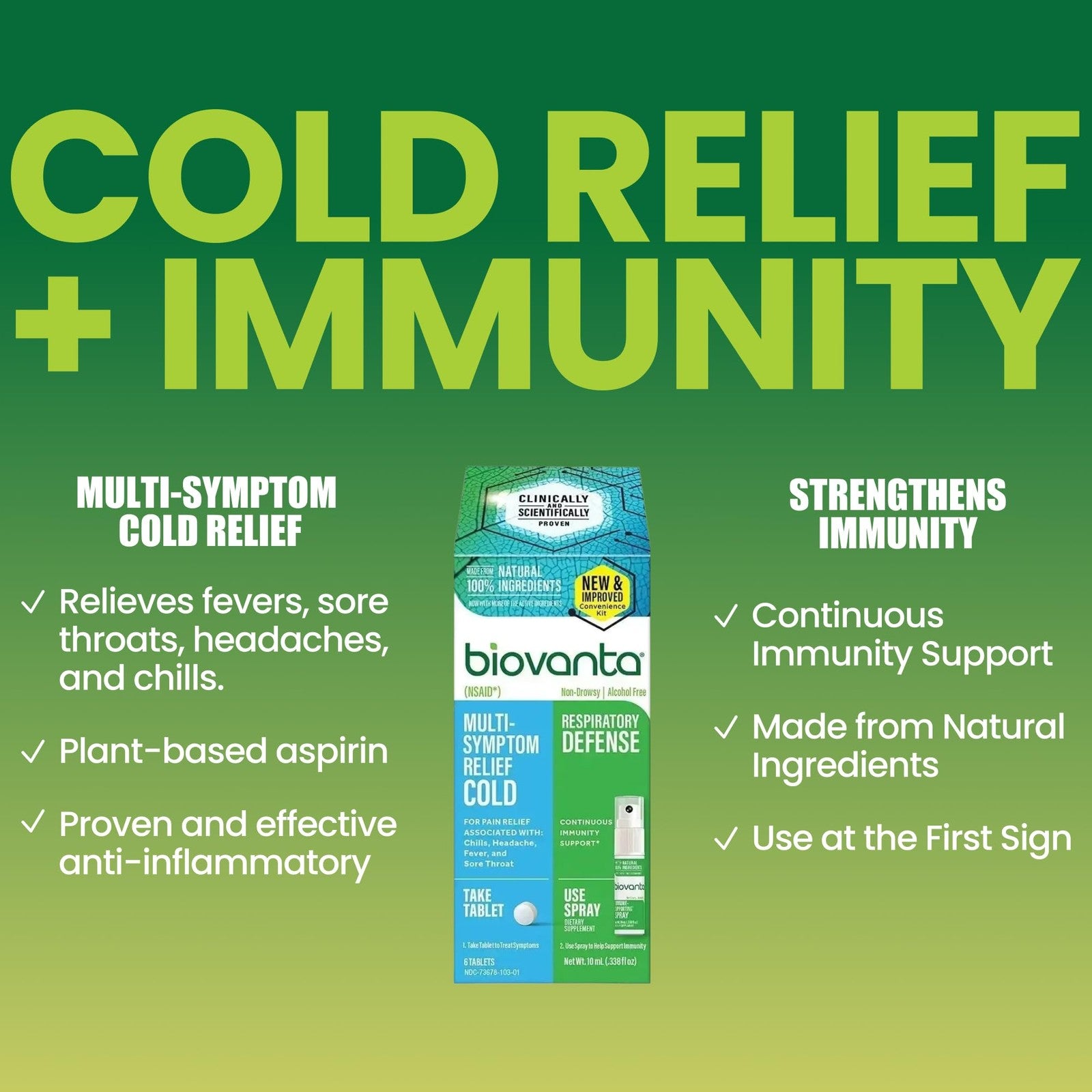 Biovanta Cold and Flu Relief Kit Plus Immune Support, Soothing Throat Spray,