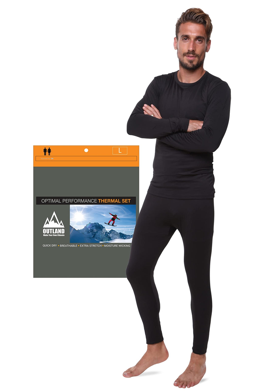 Men's Thermal Set, Lightweight Ultra Soft Fleece Shirt and Pants,Black,Large