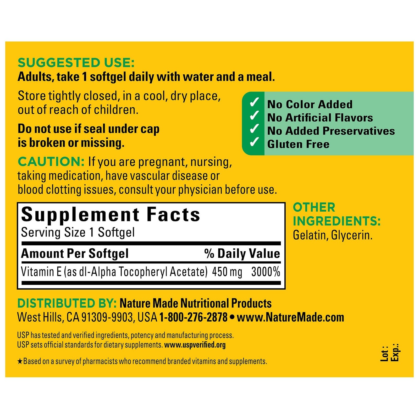 Nature Made Vitamin E 450 mg (1000 IU) dl-Alpha Softgels, 60 Count for