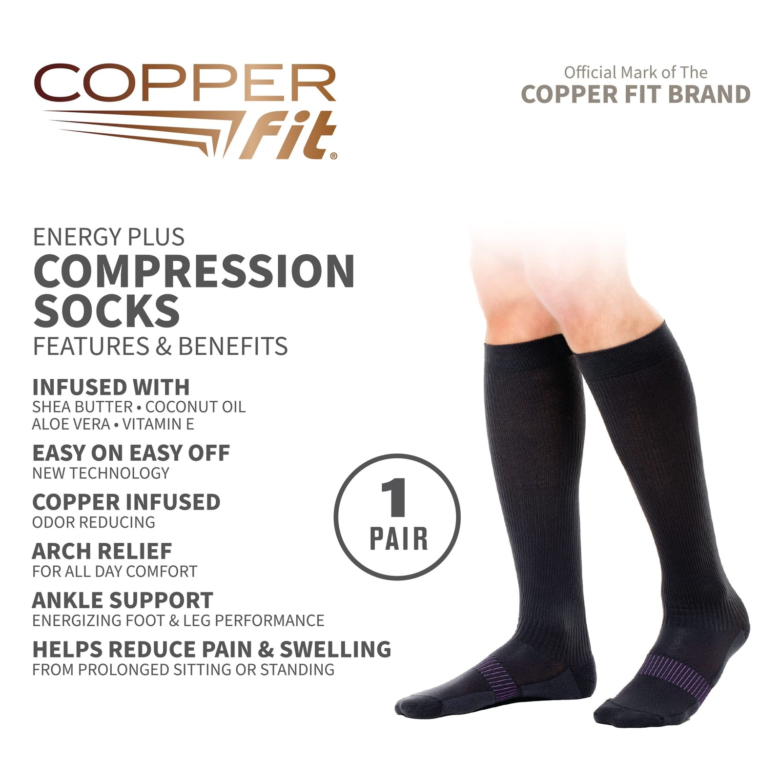 Copper Fit unisex adult Moisturizing Energy Plus Easy On Easy Off Knee High