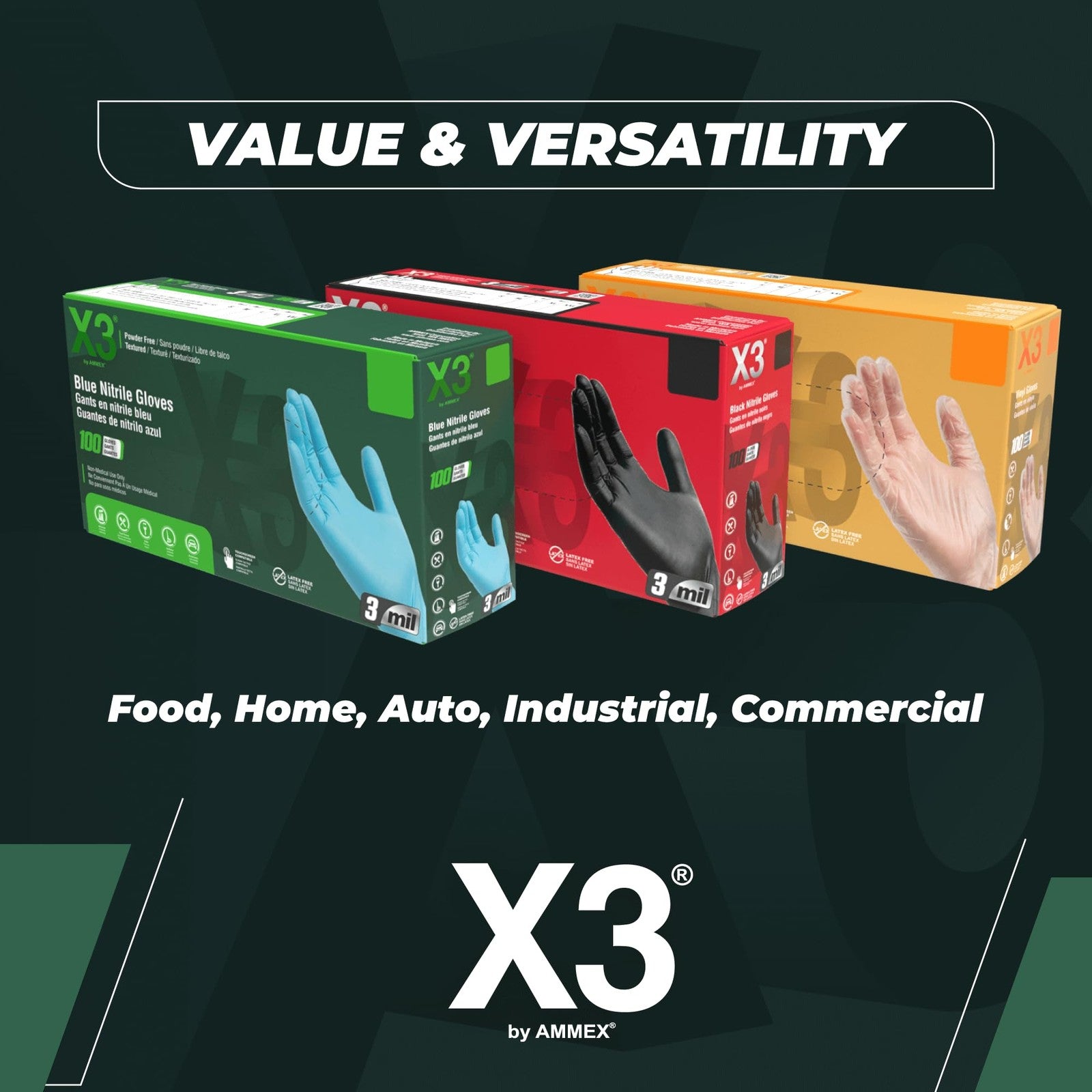 X3 Industrial Black Nitrile Gloves, Case of 1000, 3 Mil, Size XX-Large, Latex