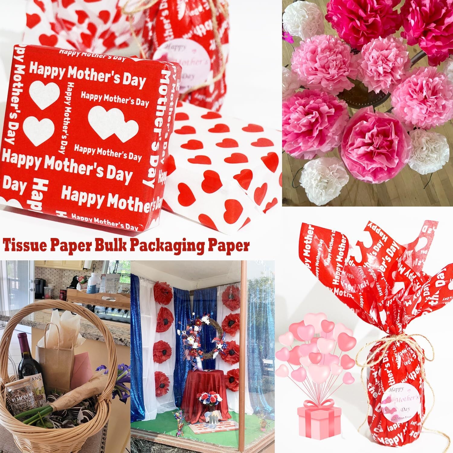 UAREBST 52 Sheets Red Happy Mother's Day Tissue Wrapping Paper Bulk for for Gift