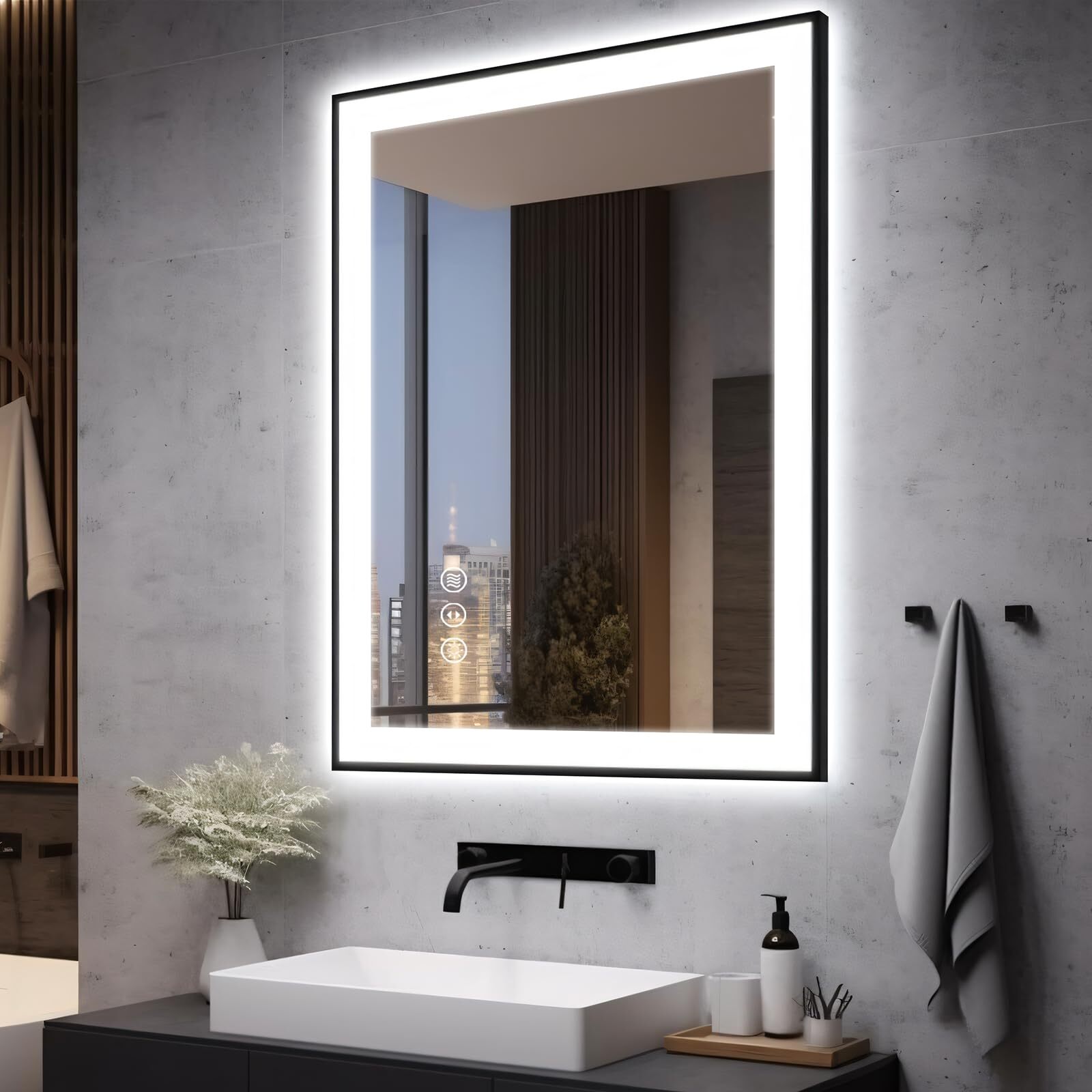 EchosLife 28x36 LED Bathroom Mirror for Wall -Black Aluminum Framed (Front and