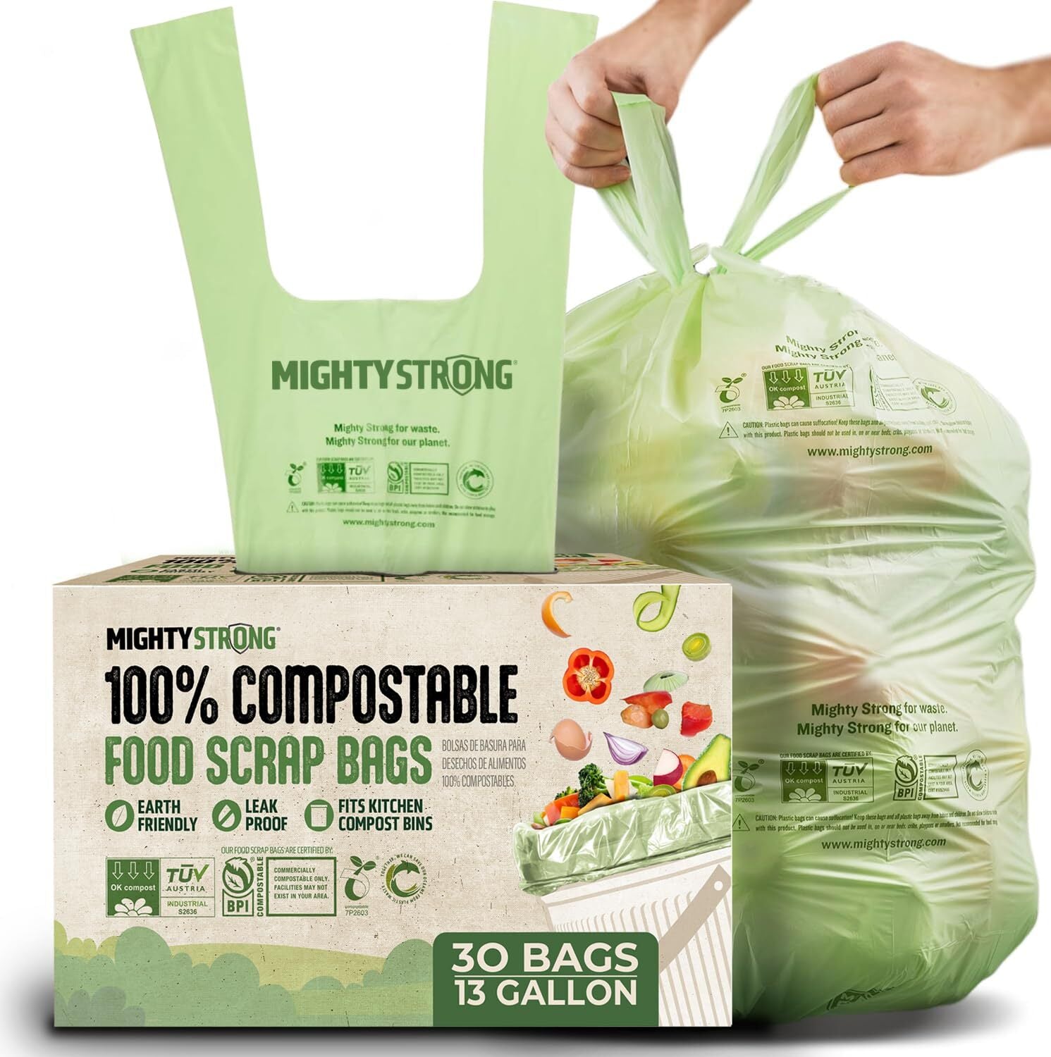 13 Gallon Compost Bags With Handles - 30 Count Biodegradable Trash Bags,