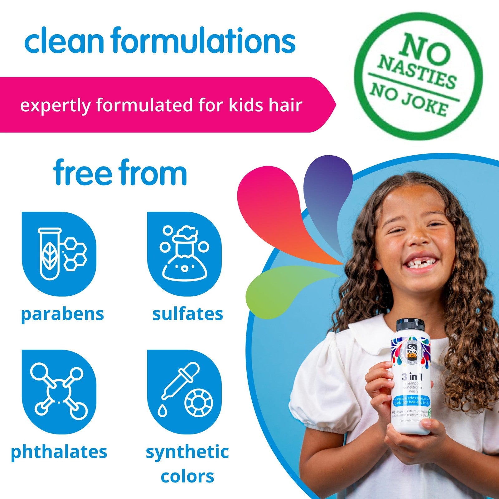 SoCozy 3 in 1 Kids Shampoo + Conditioner + Body Wash (16 Fl Oz) Gentle,