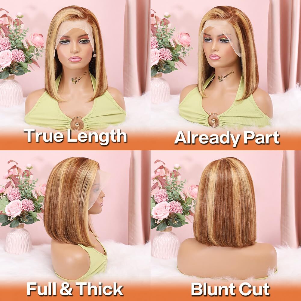 Highlight Bob Wig Human Hair 13x4 HD Lace Front Wigs Human Hair Pre Plucked H...