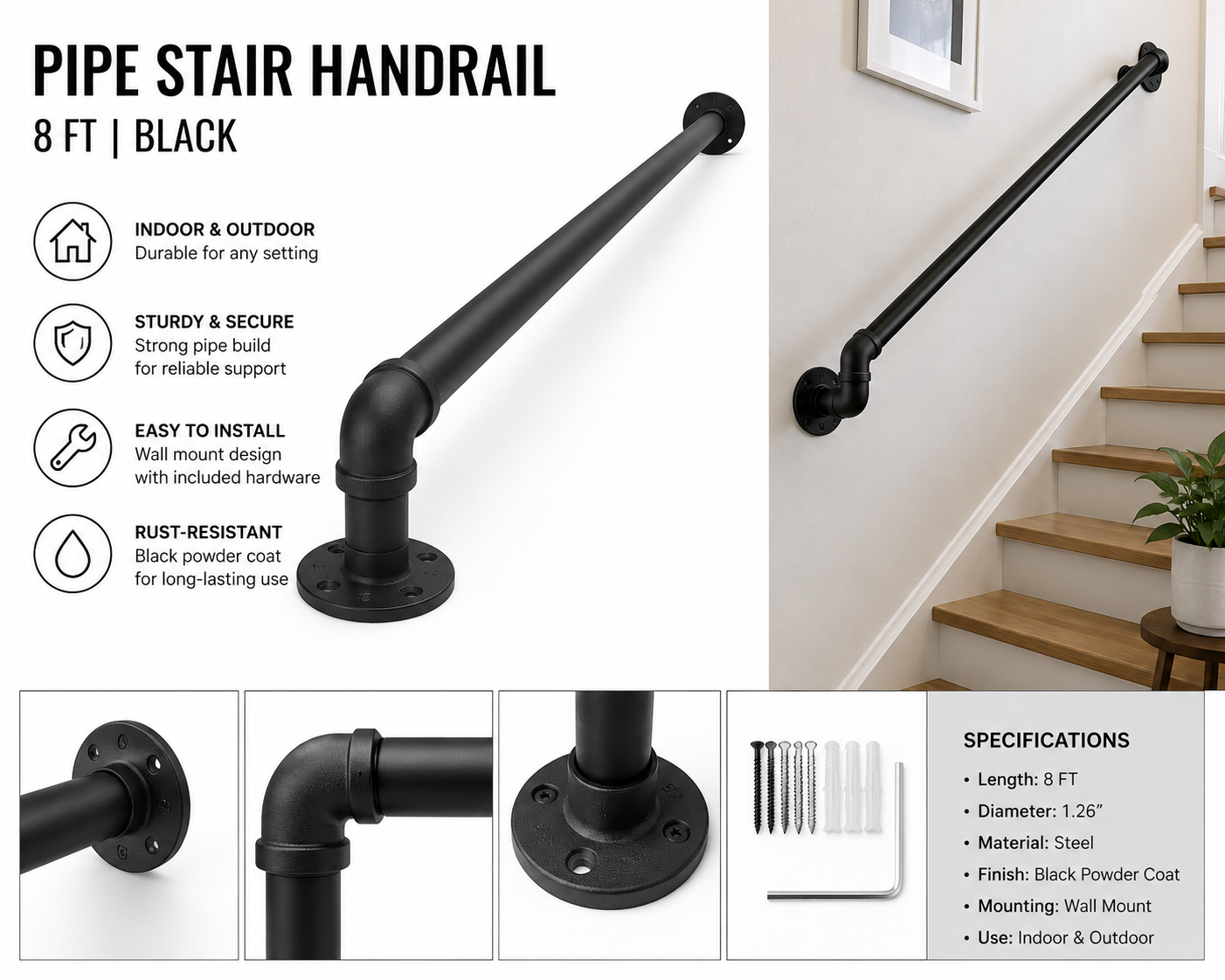 Pipe Stair Handrail Staircase Handrail Outdoor Indoor 8 Ft Black For Wall Mount