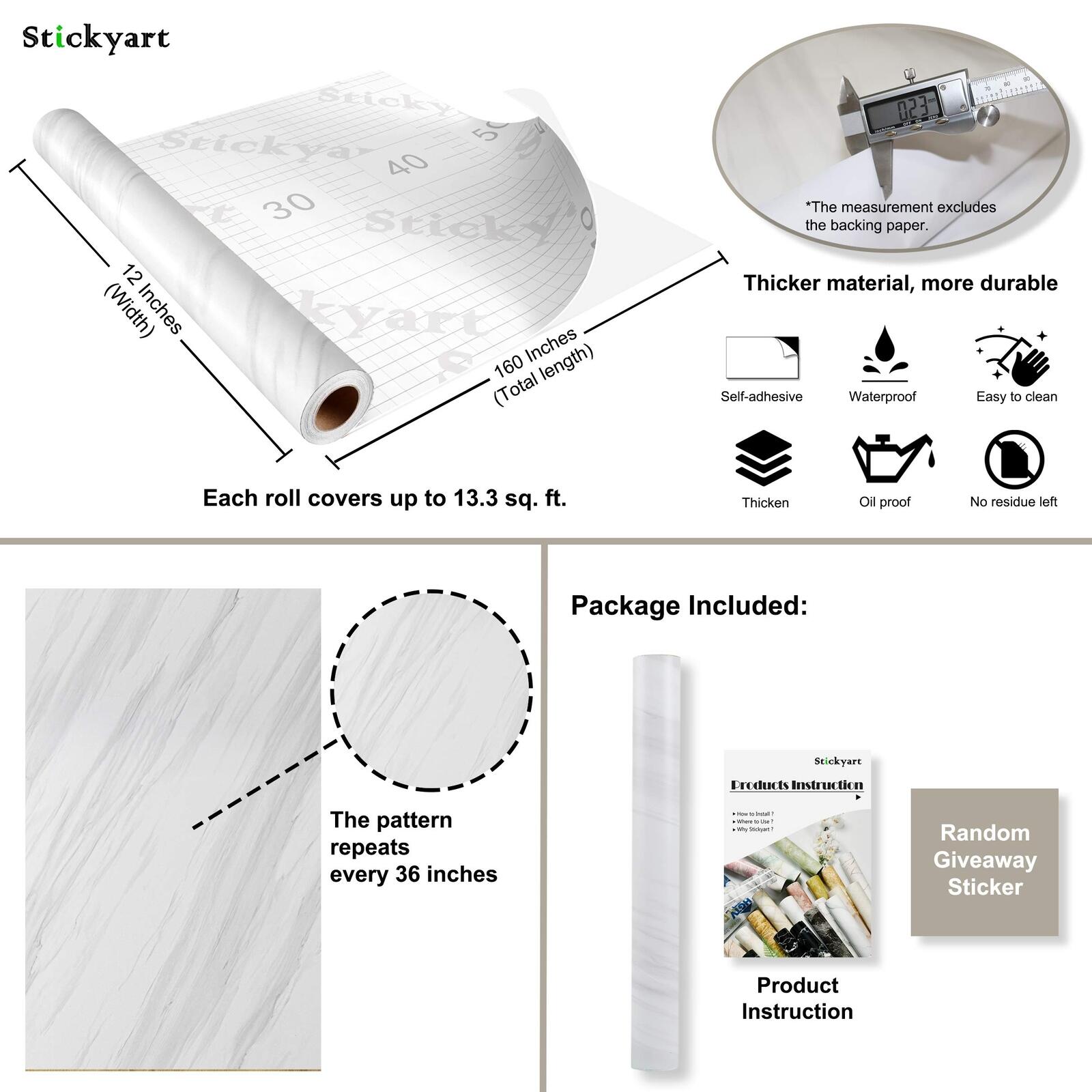 Stickyart 24"x160" White Peel and Stick Marble Countertops for Kitchen