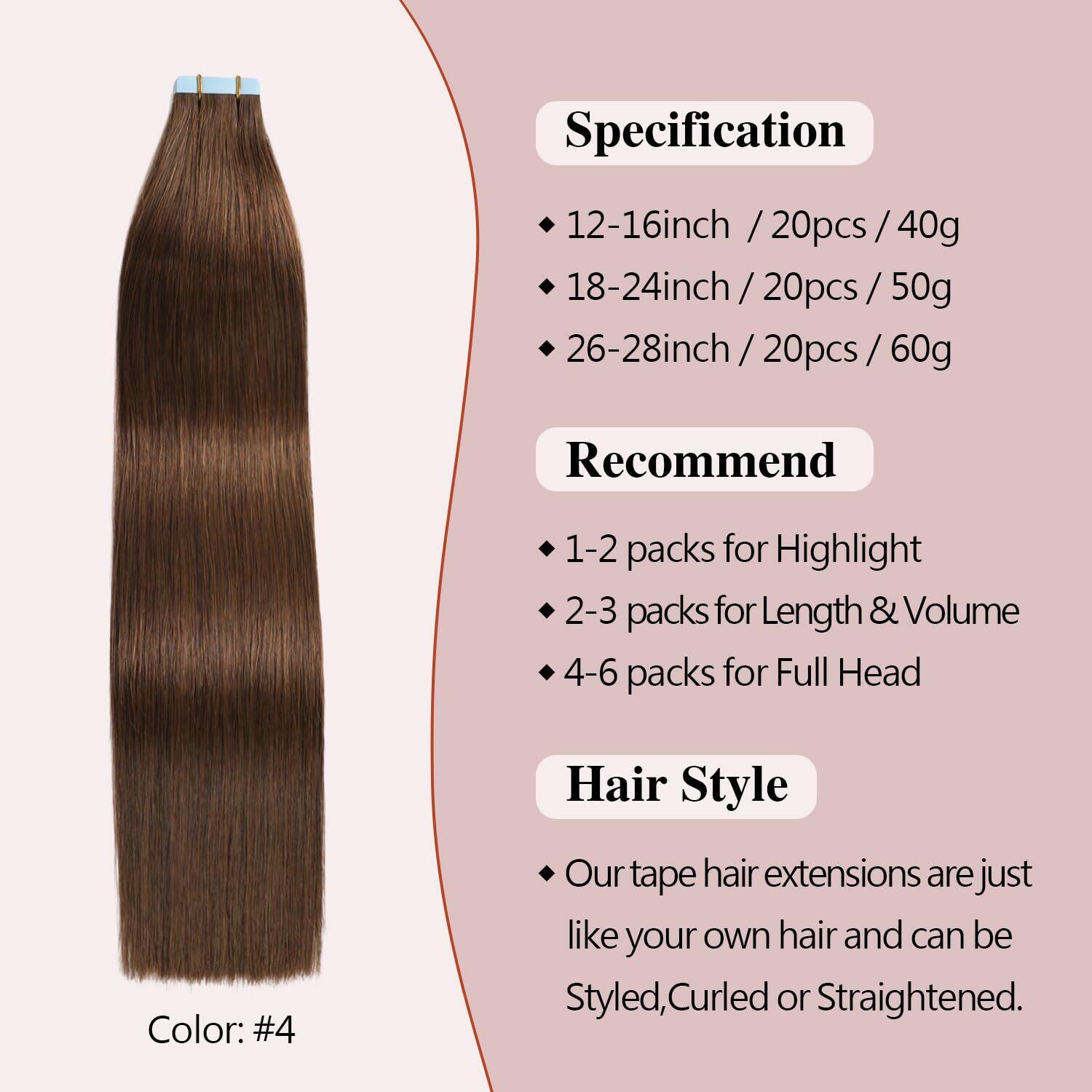 Sunya Tape in Hair Extensions 16 inches Silky Straight Remy Human Hair Seamle...